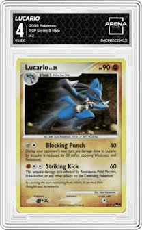 Lucario from the 2008 Pokemon set graded by Arena Club and given an overall grade of 4.