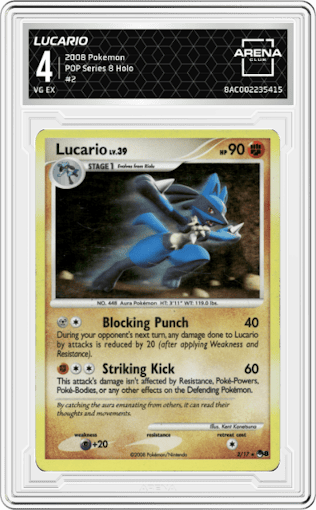 Lucario from the 2008 Pokemon set graded by Arena Club and given an overall grade of 4.