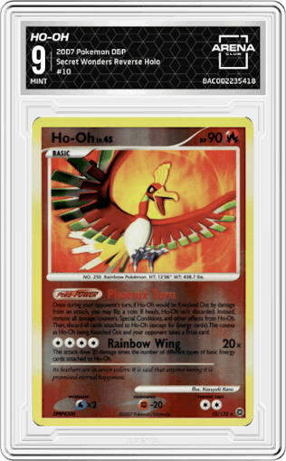 Ho-Oh from the 2007 Pokemon D&P set graded by Arena Club and given an overall grade of 9.
