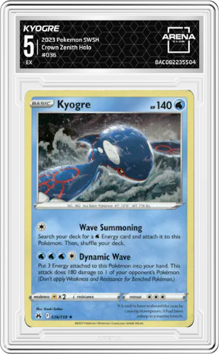 Kyogre from the 2023 Pokemon SWSH set graded by Arena Club and given an overall grade of 5.