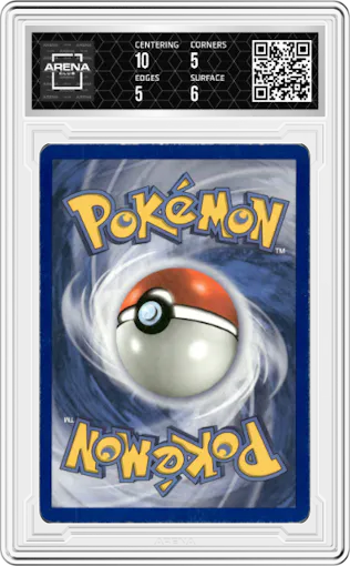 Rayquaza from the 2006 Pokemon EX set graded by Arena Club and given an overall grade of 5.5.