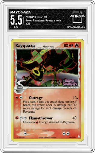 Rayquaza from the 2006 Pokemon EX set graded by Arena Club and given an overall grade of 5.5.