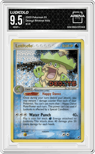 Ludicolo from the 2005 Pokemon EX set graded by Arena Club and given an overall grade of 9.5.