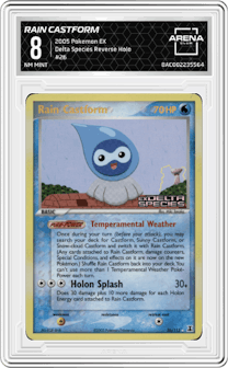 Rain Castform from the 2005 Pokemon EX set graded by Arena Club and given an overall grade of 8.