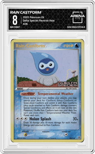 Rain Castform from the 2005 Pokemon EX set graded by Arena Club and given an overall grade of 8.