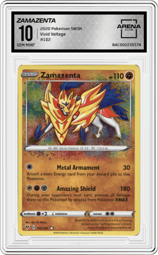 Zamazenta from the 2020 Pokemon SWSH set graded by Arena Club and given an overall grade of 10.