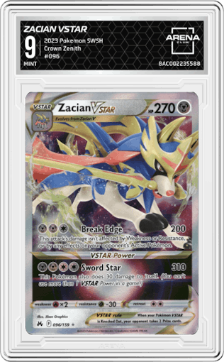 Zacian VSTAR from the 2023 Pokemon SWSH set graded by Arena Club and given an overall grade of 9.