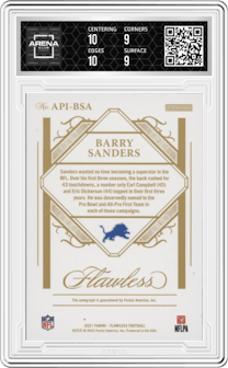 Barry Sanders from the 2021 Panini Flawless set featuring a Sapphire parallel graded by Arena Club and given an overall grade of 9.5.