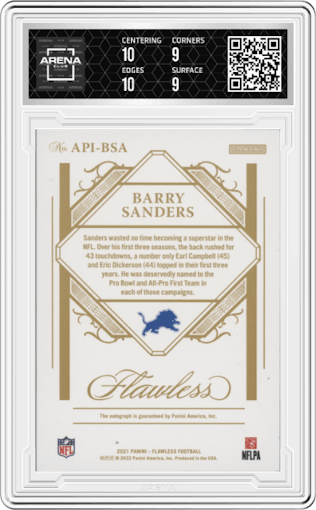 Barry Sanders from the 2021 Panini Flawless set featuring a Sapphire parallel graded by Arena Club and given an overall grade of 9.5.
