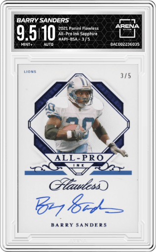 Barry Sanders from the 2021 Panini Flawless set featuring a Sapphire parallel graded by Arena Club and given an overall grade of 9.5.
