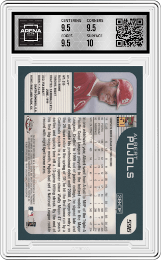 Albert Pujols from the 2001 Topps Chrome set graded by Arena Club and given an overall grade of 10.