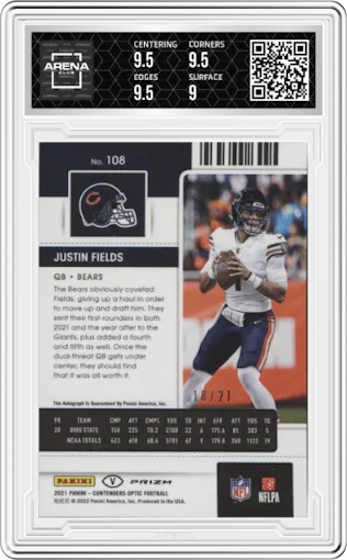 Justin Fields from the 2021 Panini Contenders Optic set featuring a Purple Pulsar parallel graded by Arena Club and given an overall grade of 9.5.