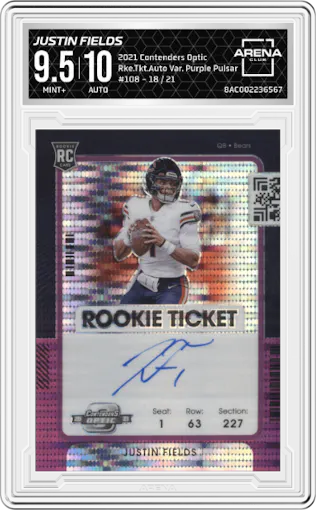 Justin Fields from the 2021 Panini Contenders Optic set featuring a Purple Pulsar parallel graded by Arena Club and given an overall grade of 9.5.