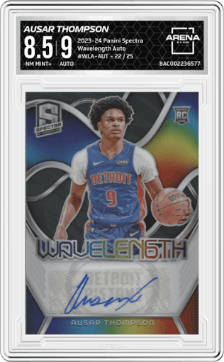 Ausar Thompson from the 2023-24 Panini Spectra set graded by Arena Club and given an overall grade of 8.5.