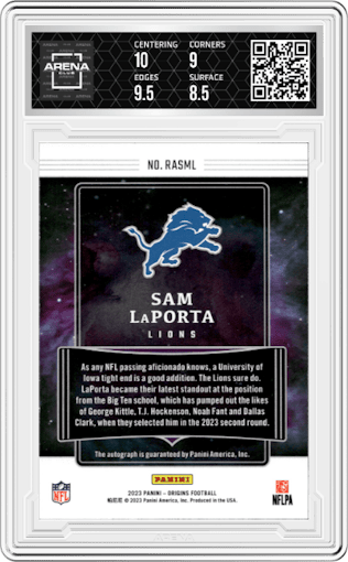 Sam LaPorta from the 2023 Panini Origins set graded by Arena Club and given an overall grade of 9.