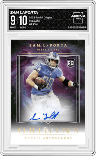 Sam LaPorta from the 2023 Panini Origins set graded by Arena Club and given an overall grade of 9.