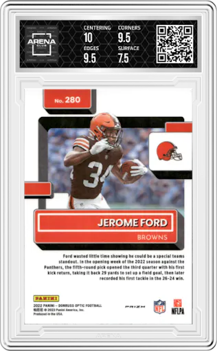  Jerome Ford from the 2022 Panini Donruss Optic set featuring a White Sparkle parallel graded by Arena Club and given an overall grade of 8.