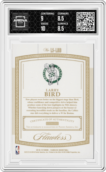 Larry Bird from the 2018-19 Panini Flawless set featuring a Ruby parallel graded by Arena Club and given an overall grade of 9.