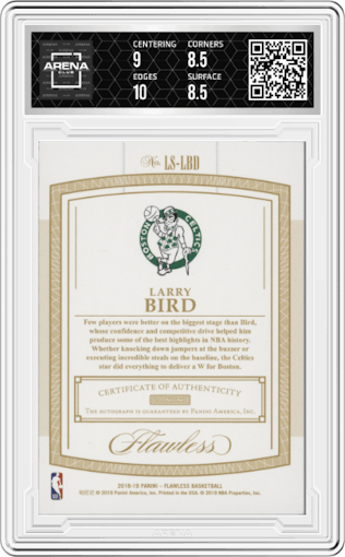 Larry Bird from the 2018-19 Panini Flawless set featuring a Ruby parallel graded by Arena Club and given an overall grade of 9.