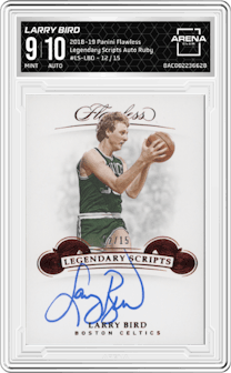 Larry Bird from the 2018-19 Panini Flawless set featuring a Ruby parallel graded by Arena Club and given an overall grade of 9.