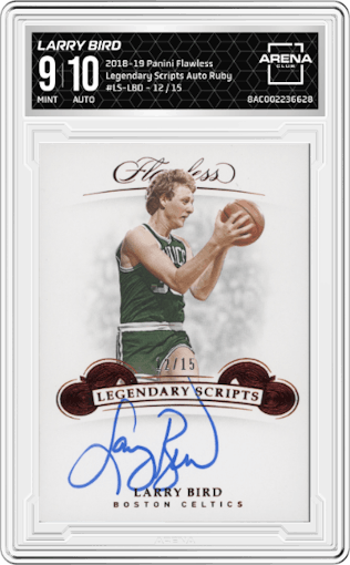 Larry Bird from the 2018-19 Panini Flawless set featuring a Ruby parallel graded by Arena Club and given an overall grade of 9.