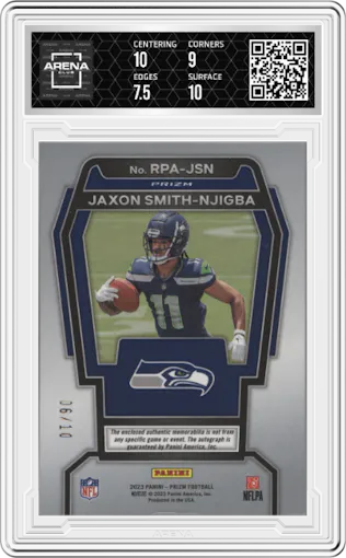 Jaxon Smith-Njigba from the 2023 Panini Prizm set featuring a Gold Prizm parallel graded by Arena Club and given an overall grade of 8.