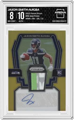Jaxon Smith-Njigba from the 2023 Panini Prizm set featuring a Gold Prizm parallel graded by Arena Club and given an overall grade of 8.