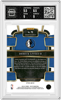 Dereck Lively II  from the 2023-24 Panini Select  set featuring a Tiger parallel graded by Arena Club and given an overall grade of 9.