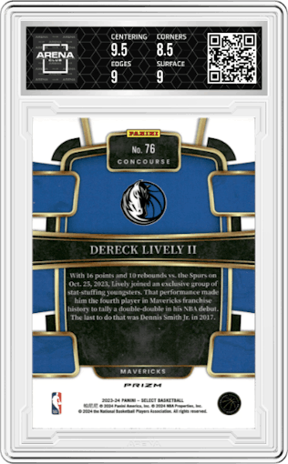Dereck Lively II  from the 2023-24 Panini Select  set featuring a Tiger parallel graded by Arena Club and given an overall grade of 9.