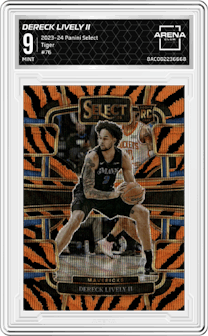 Dereck Lively II  from the 2023-24 Panini Select  set featuring a Tiger parallel graded by Arena Club and given an overall grade of 9.