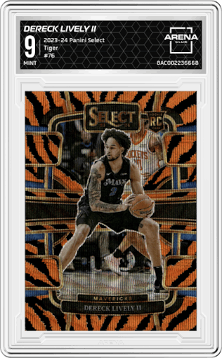 Dereck Lively II  from the 2023-24 Panini Select  set featuring a Tiger parallel graded by Arena Club and given an overall grade of 9.