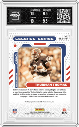 Thurman Thomas from the 2023 Panini Donruss set graded by Arena Club and given an overall grade of 9.5.