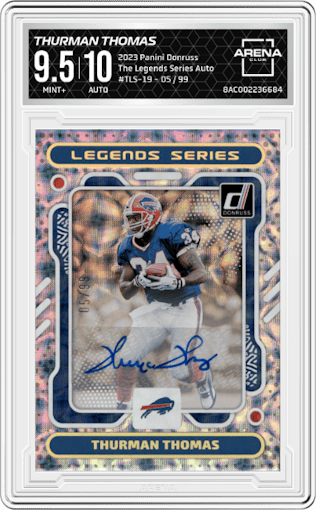 Thurman Thomas from the 2023 Panini Donruss set graded by Arena Club and given an overall grade of 9.5.