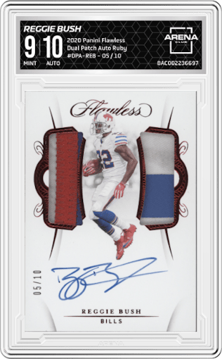 Reggie Bush from the 2020 Panini Flawless set featuring a Ruby parallel graded by Arena Club and given an overall grade of 9.
