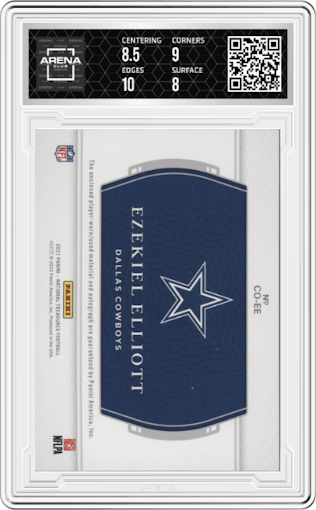 Ezekiel Elliott from the 2022 Panini National Treasures set graded by Arena Club and given an overall grade of 8.5.