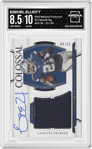 Ezekiel Elliott from the 2022 Panini National Treasures set graded by Arena Club and given an overall grade of 8.5.