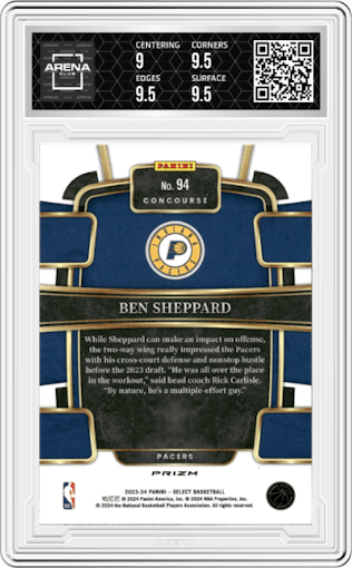 Ben Sheppard from the 2023-24 Panini Select  set featuring a Tiger parallel graded by Arena Club and given an overall grade of 9.5.