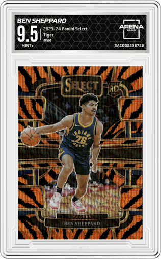 Ben Sheppard from the 2023-24 Panini Select  set featuring a Tiger parallel graded by Arena Club and given an overall grade of 9.5.