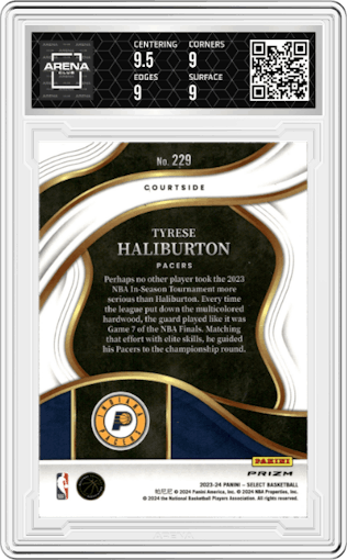 Tyrese Haliburton from the 2023-24 Panini Select  set featuring a Zebra Prizm parallel graded by Arena Club and given an overall grade of 9.
