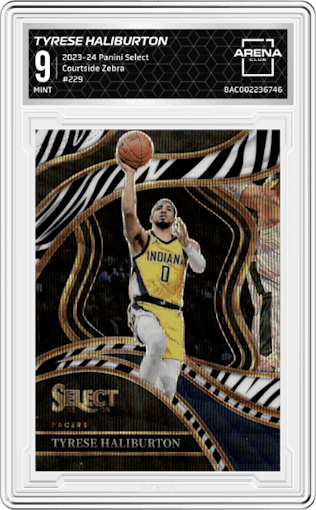 Tyrese Haliburton from the 2023-24 Panini Select  set featuring a Zebra Prizm parallel graded by Arena Club and given an overall grade of 9.