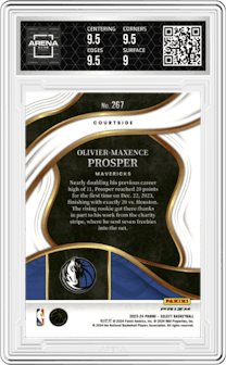 Olivier-Maxence Prosper from the 2023-24 Panini Select  set featuring a Tiger parallel graded by Arena Club and given an overall grade of 9.5.