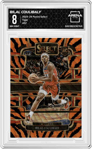 Bilal Coulibaly from the 2023-24 Panini Select  set featuring a Tiger parallel graded by Arena Club and given an overall grade of 8.