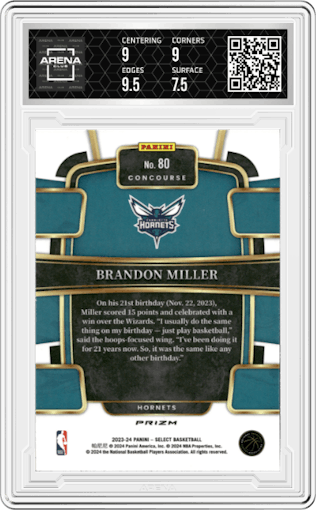 Brandon Miller from the 2023-24 Panini Select  set featuring a Tiger parallel graded by Arena Club and given an overall grade of 8.