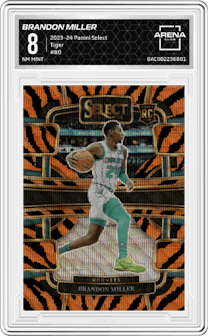 Brandon Miller from the 2023-24 Panini Select  set featuring a Tiger parallel graded by Arena Club and given an overall grade of 8.