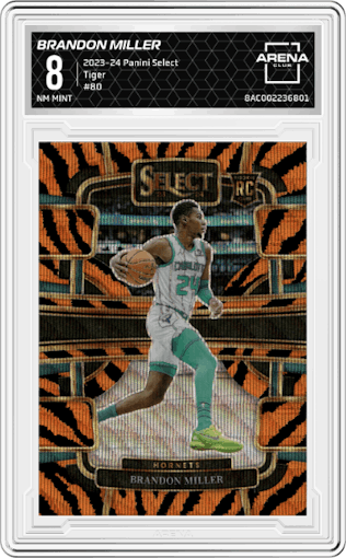 Brandon Miller from the 2023-24 Panini Select  set featuring a Tiger parallel graded by Arena Club and given an overall grade of 8.