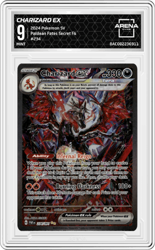 Charizard ex from the 2024 Pokemon SV set graded by Arena Club and given an overall grade of 9.