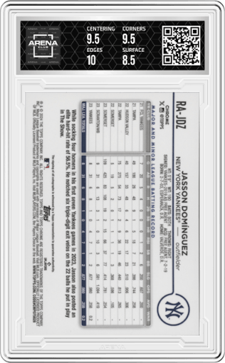Jasson Dominguez from the 2024 Topps Chrome set graded by Arena Club and given an overall grade of 9.