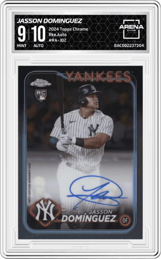 Jasson Dominguez from the 2024 Topps Chrome set graded by Arena Club and given an overall grade of 9.