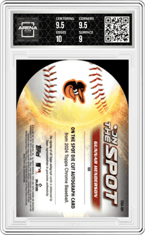 Gunnar Henderson from the 2024 Topps Chrome set graded by Arena Club and given an overall grade of 9.5.