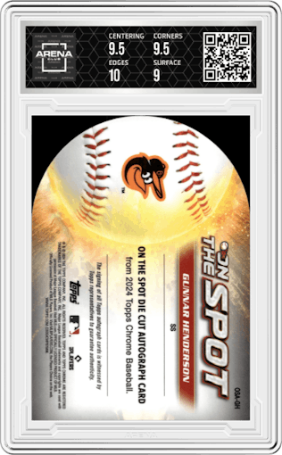 Gunnar Henderson from the 2024 Topps Chrome set graded by Arena Club and given an overall grade of 9.5.